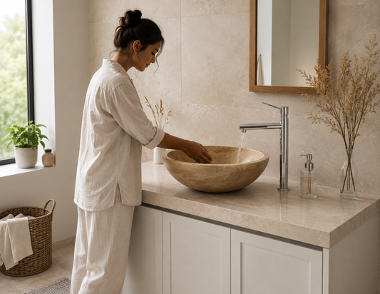 Beige Light Travertine Vessel Sink — shown installed on a bathroom vanity