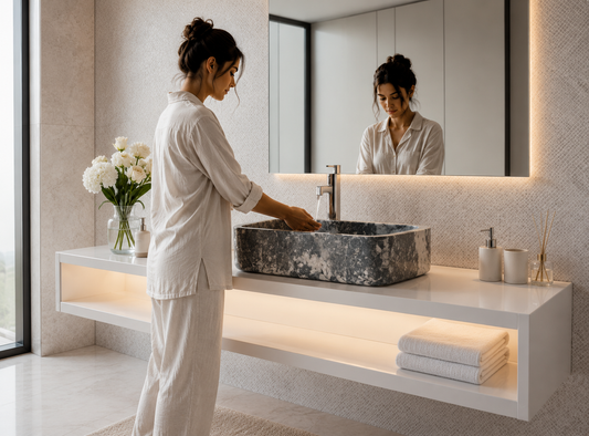Black Marble Rectangular Vessel Sink — shown installed on a bathroom vanity