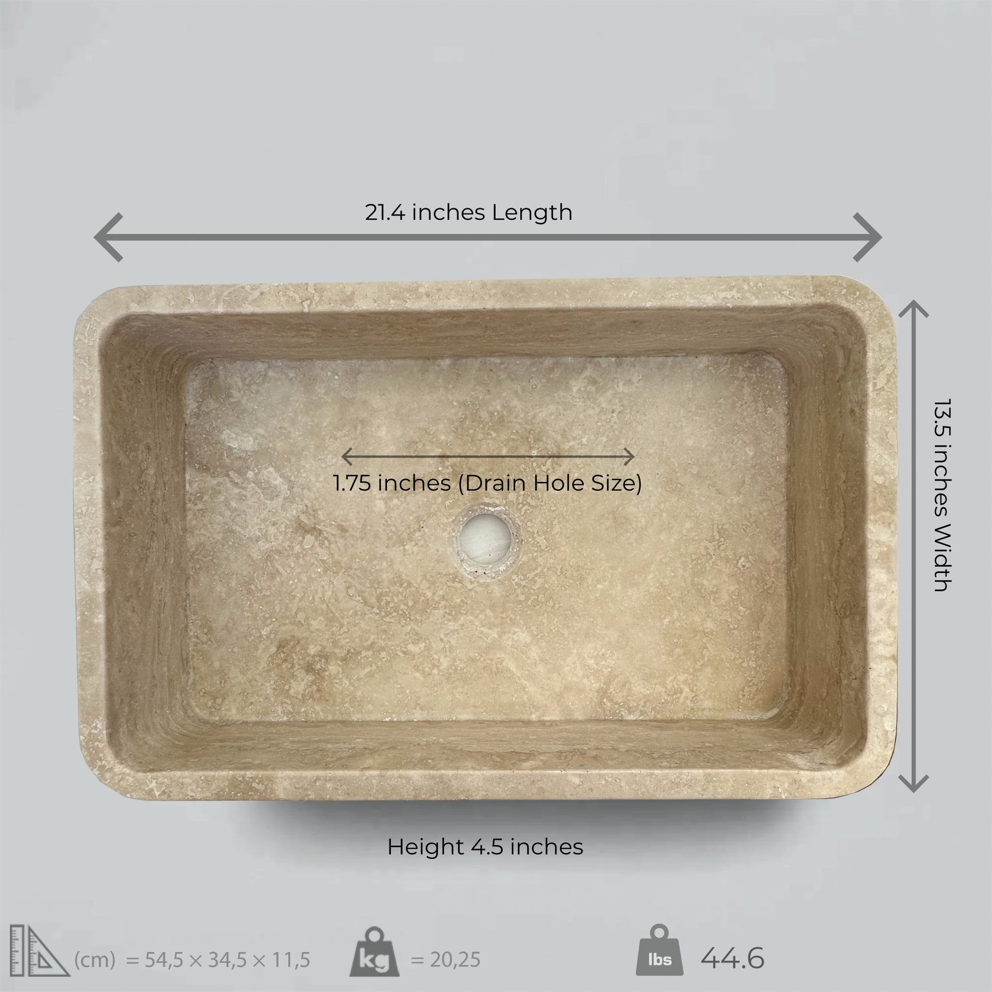 Light Travertine Rectangular Vessel Sink dimensions with length, width, height, and drain hole size.