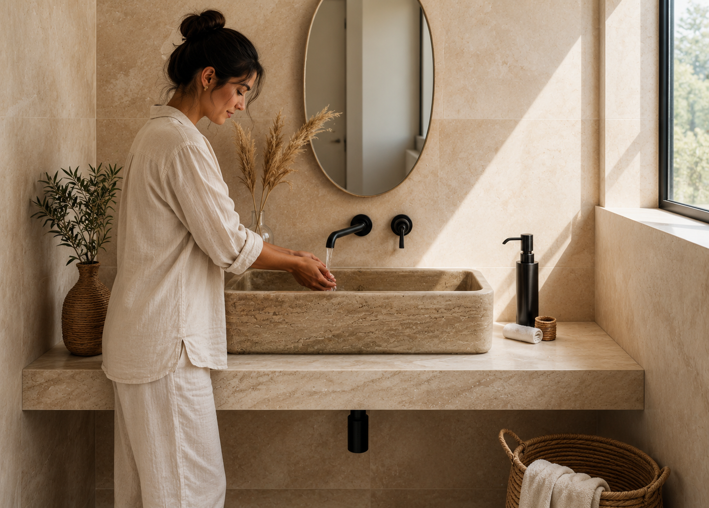 Beige Custom Travertine Vessel Sink — shown installed on a bathroom vanity