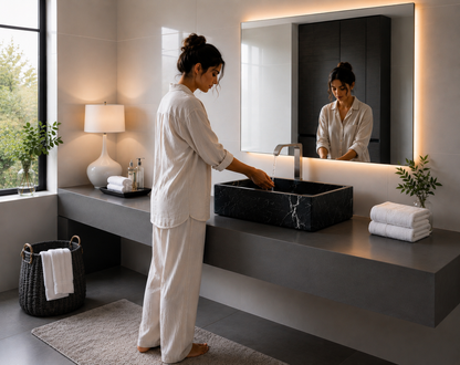 Toros Black Marble Vessel Sink — shown installed on a bathroom vanity