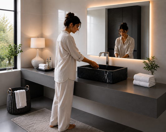 Custom Black Marble Vessel Sink — shown installed on a bathroom vanity
