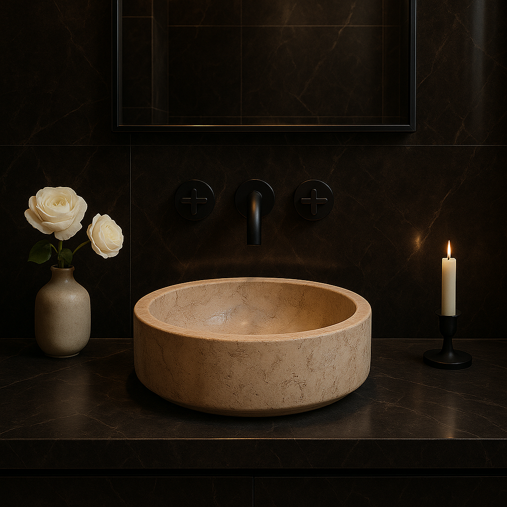 Elegant beige travertine sink in a dark bathroom with flowers and candle. Perfect for timeless home decor.