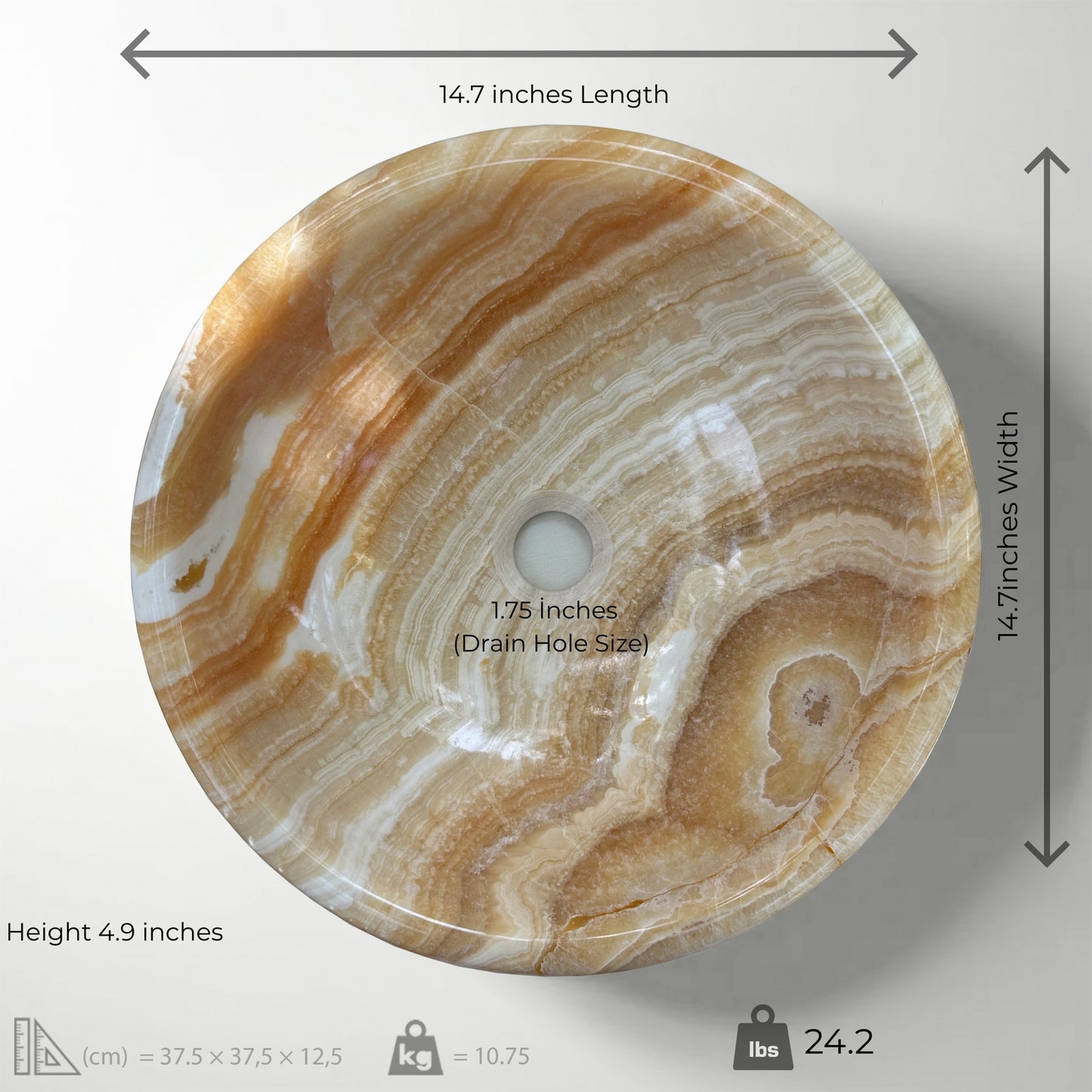 Orange Onyx Round Vessel Sink dimensions, showcasing honey and caramel veining for luxurious bathroom decor.