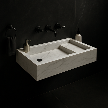 Marble sink with faucet and toiletries on a dark background