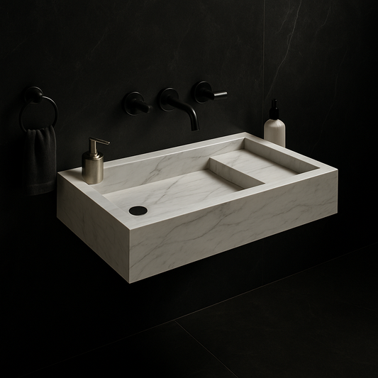 Marble sink with faucet and toiletries on a dark background
