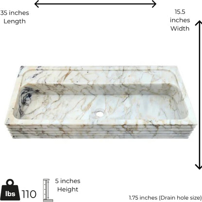 Marble-patterned rectangular sink with dimensions labeled on a white background