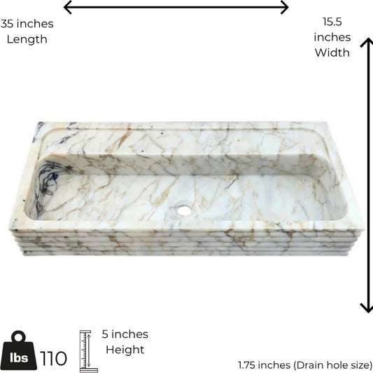 Marble-patterned rectangular sink with dimensions labeled on a white background