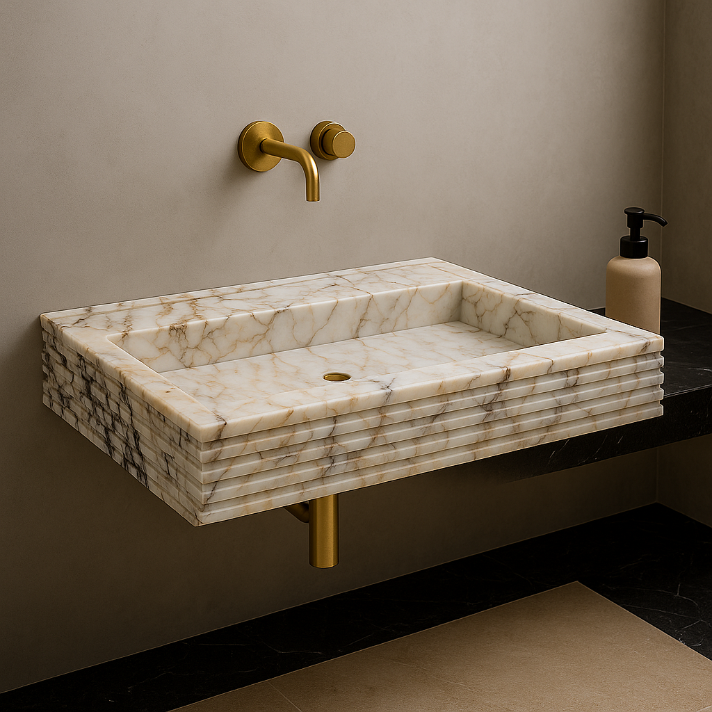 Marble sink with gold faucet and soap dispenser on a neutral wall.