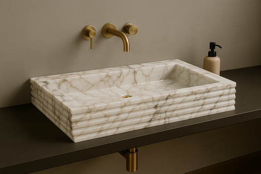 Marble sink with gold fixtures on a dark countertop against a beige wall.