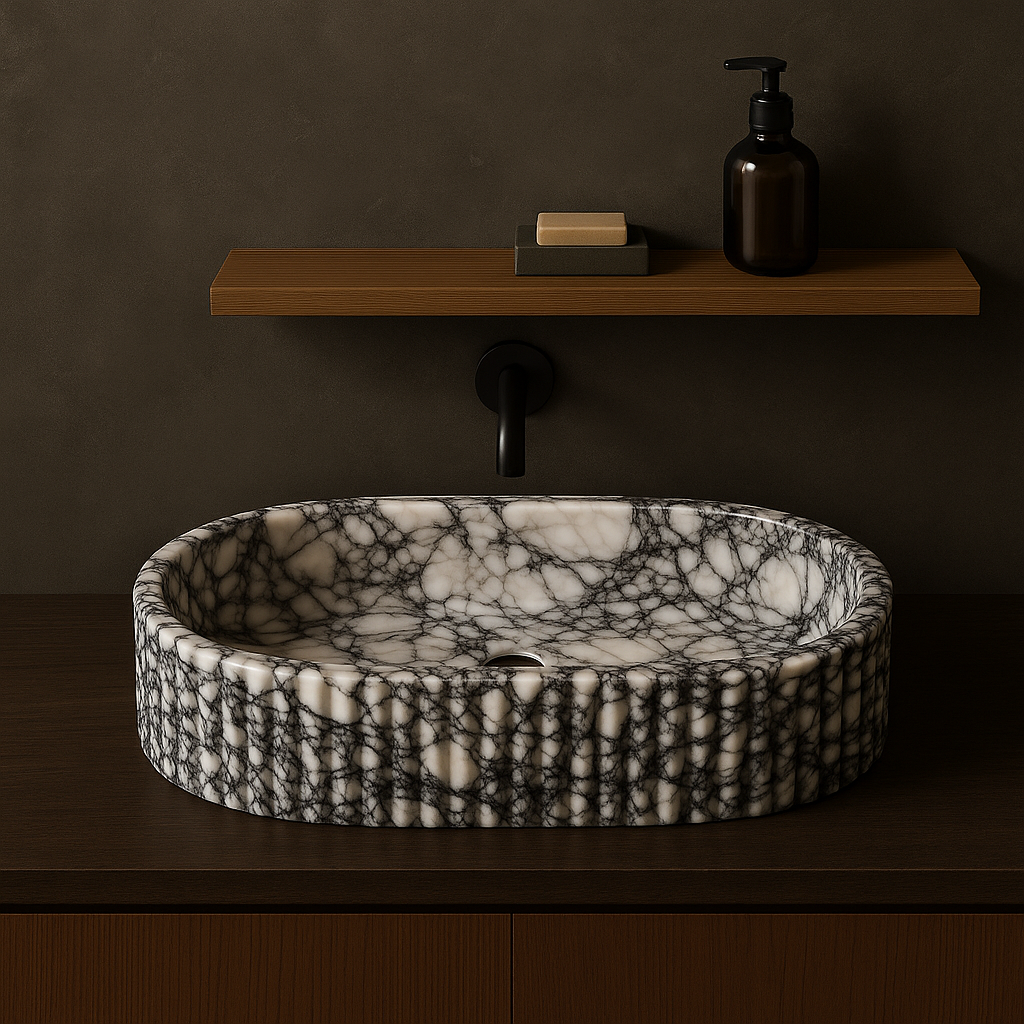 Viola Calacatta Marble Vessel Sink with polished finish, featuring deep black and white veining, enhancing minimalist bathroom design.