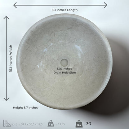 Top view of a light beige marble bowl sink, showcasing dimensions and drain hole size for bathroom design.