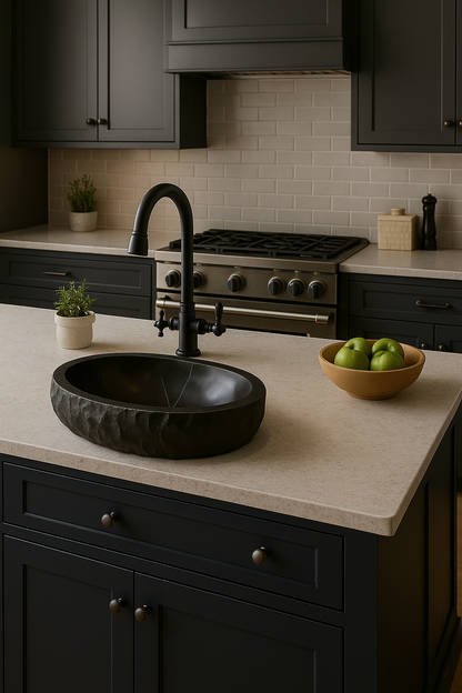Modern kitchen with black sink and countertop