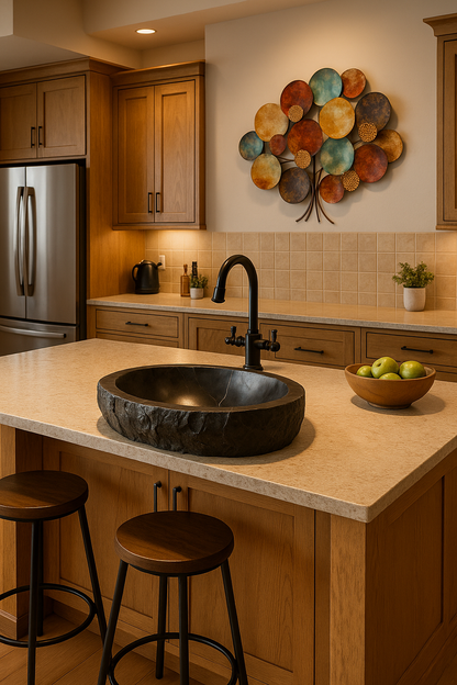 Modern kitchen with a stone sink, wooden cabinets, and decorative wall art.