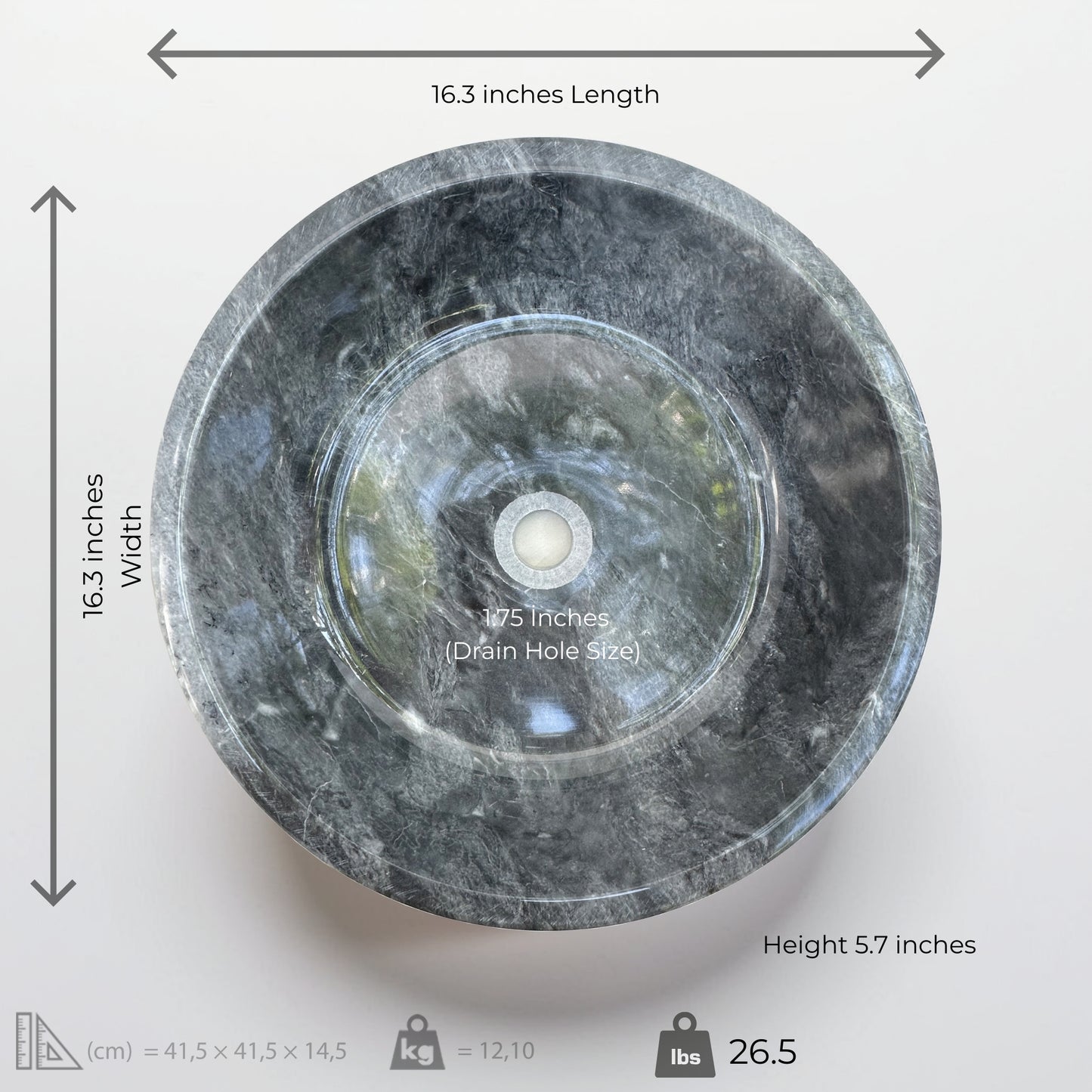 Top view of a dark grey marble vessel sink with measurements: 16.3" length, 16.3" width, and 5.7" height.