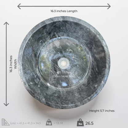 Top view of a dark grey marble vessel sink with measurements: 16.3" length, 16.3" width, and 5.7" height.