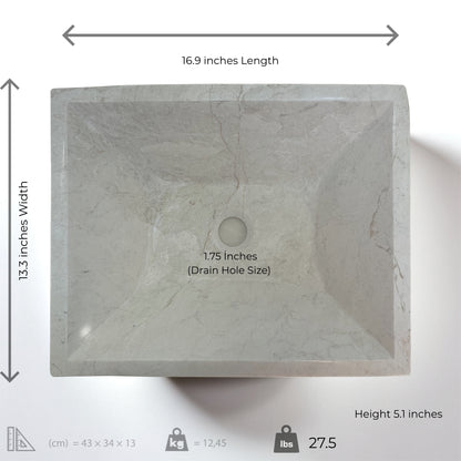 Beige marble rectangular vessel sink dimensions with drain hole size markings, showcasing modern design and elegant craftsmanship.