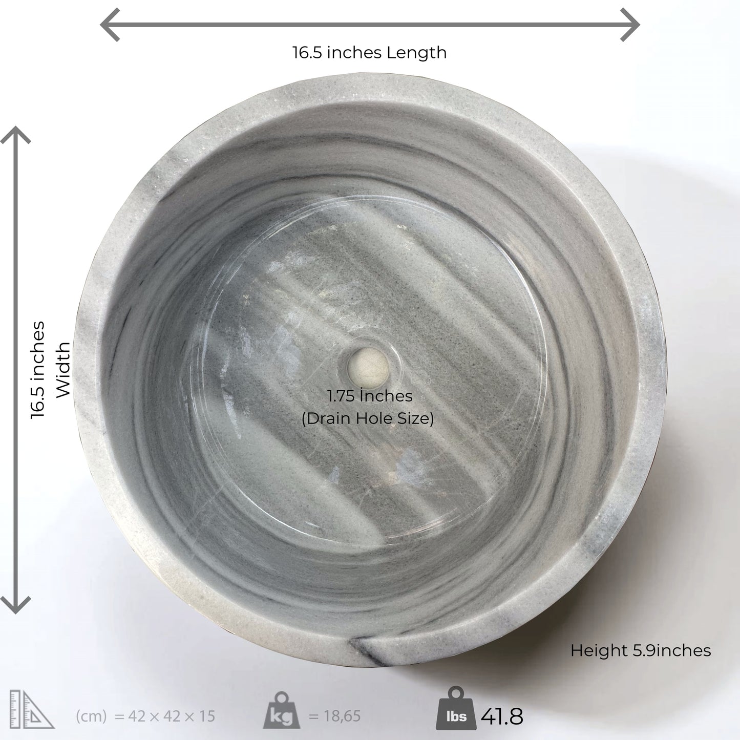 Gray marble cylindrical vessel sink with dimensions 16.5 inches wide and 5.9 inches high, featuring elegant veining.