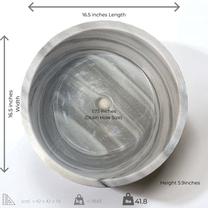 Gray marble cylindrical vessel sink with dimensions 16.5 inches wide and 5.9 inches high, featuring elegant veining.