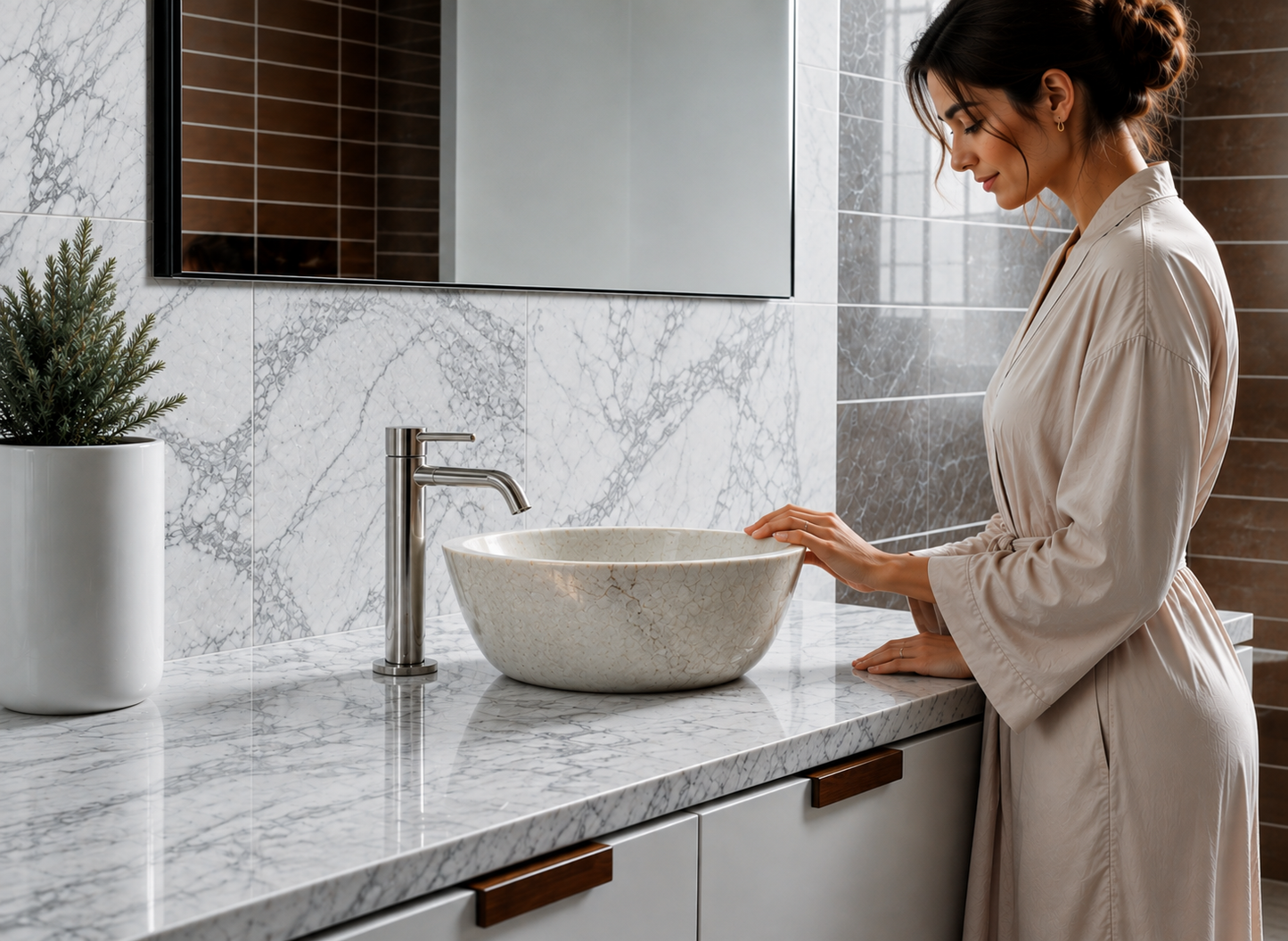 Beige Marble Conical Vessel Sink — shown installed on a bathroom vanity