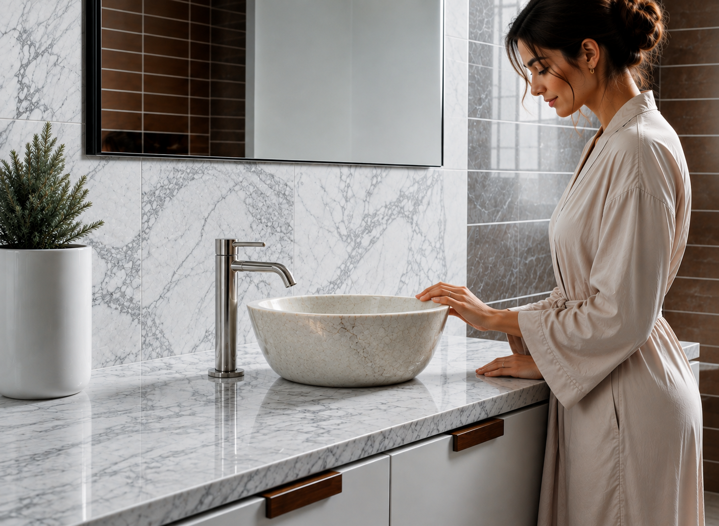 Beige Marble Conical Vessel Sink — shown installed on a bathroom vanity