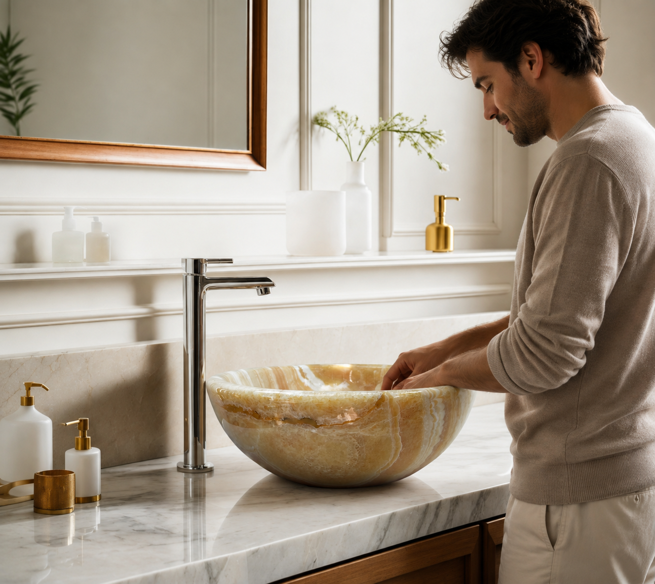 Orange Onyx Vessel Sink — shown installed on a bathroom vanity
