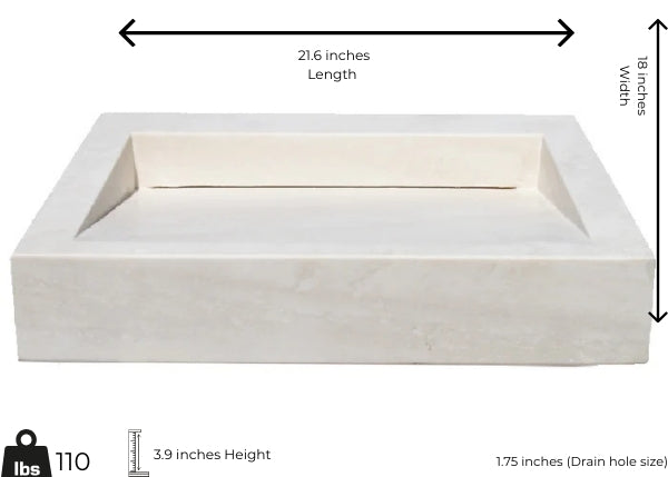 Light travertine marble vessel sink with polished finish, minimalist design, dimensions: 21.6" x 18" x 3.9".
