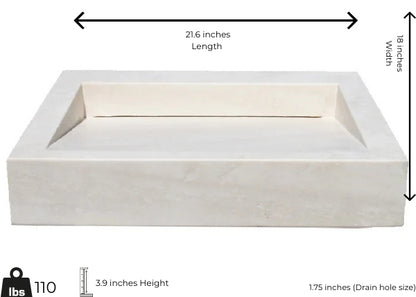 Light travertine marble vessel sink with polished finish, minimalist design, dimensions: 21.6" x 18" x 3.9".