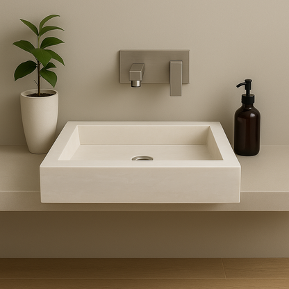 Light travertine marble vessel sink with polished finish, minimalist design on a modern bathroom countertop.
