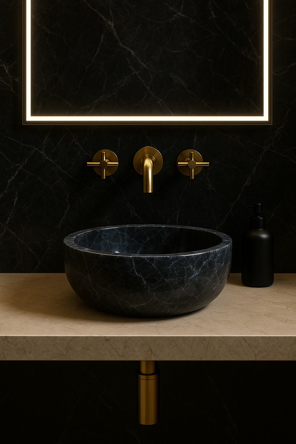 Sirius Black Marble vessel sink with polished finish on elegant countertop, showcasing minimalist design in luxurious bathroom.