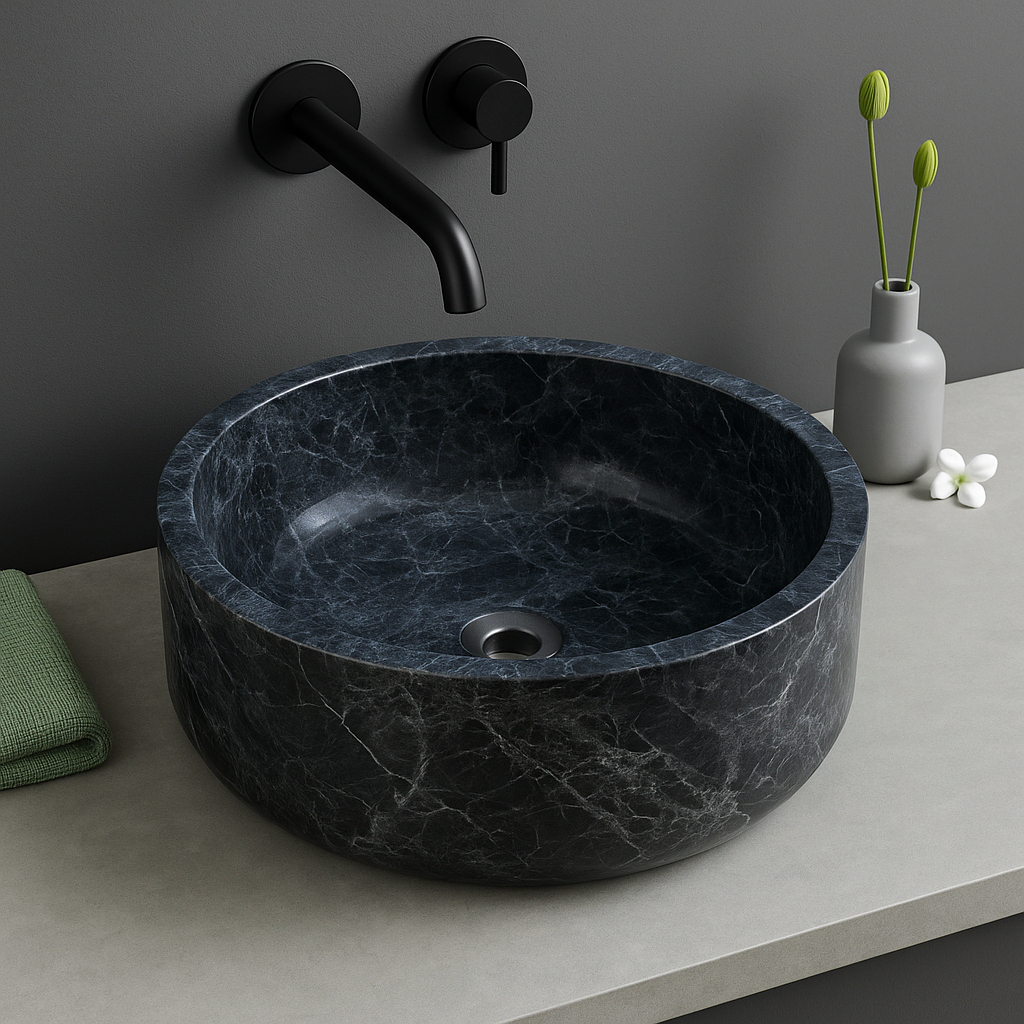 Sirius Black Marble Vessel Sink with polished finish, featuring a minimalist design for modern interiors.
