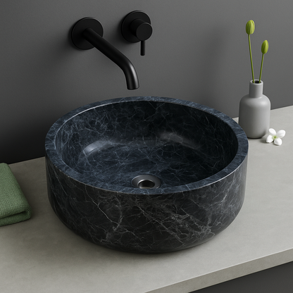 Sirius Black Marble Vessel Sink with polished finish, featuring a minimalist design for modern interiors.