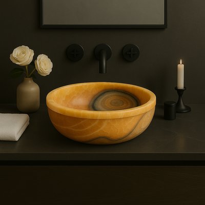 Gold Honey Onyx Vessel Sink — hand-carved natural stone basin for a bathroom vanity or powder room