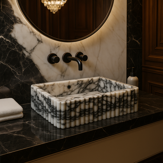 Marble-patterned sink on a dark marble countertop with a round mirror above.