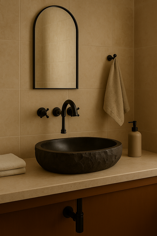 Bathroom setup with a black sink, mirror, and towel on a beige wall.