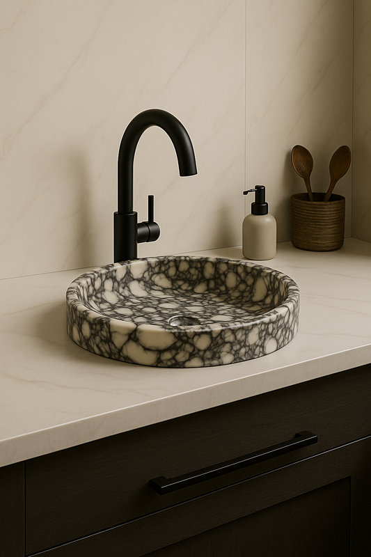Marble-patterned sink with black faucet on a beige countertop.