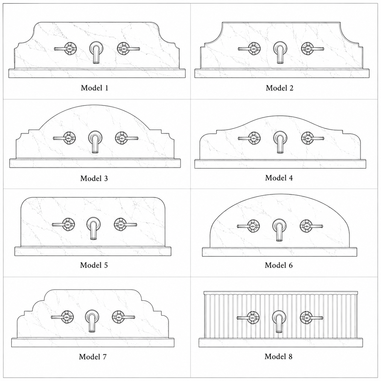 BROSMARBLE backsplash model chart — eight backsplash profiles (Model 1 to Model 8) available for wall-mounted marble sinks