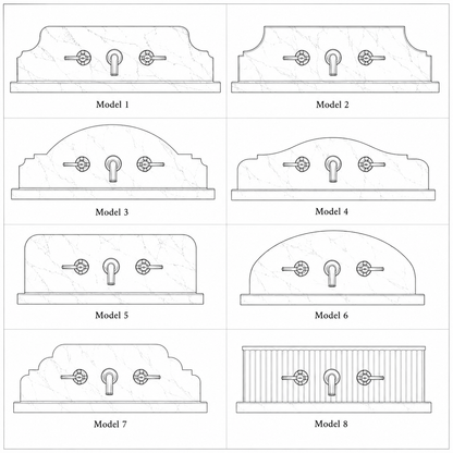 BROSMARBLE backsplash model chart — eight backsplash profiles (Model 1 to Model 8) available for wall-mounted marble sinks