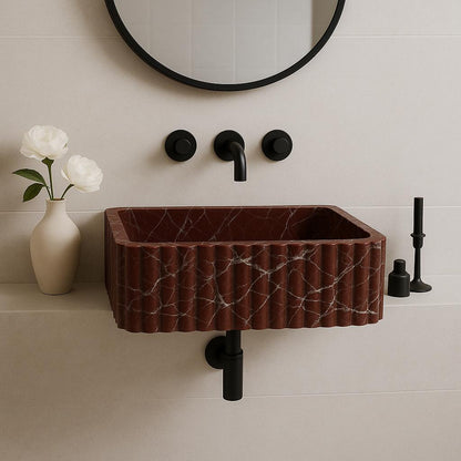 Natural Rosso Marble Sink with rich red hues, elegant design, showcased in modern bathroom setting.