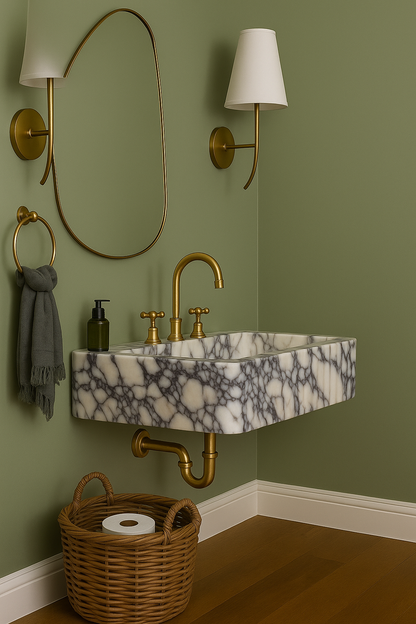 White Calacatta Viola Wall-Mount Sink in natural marble — solid stone basin with a honed interior and finished edges