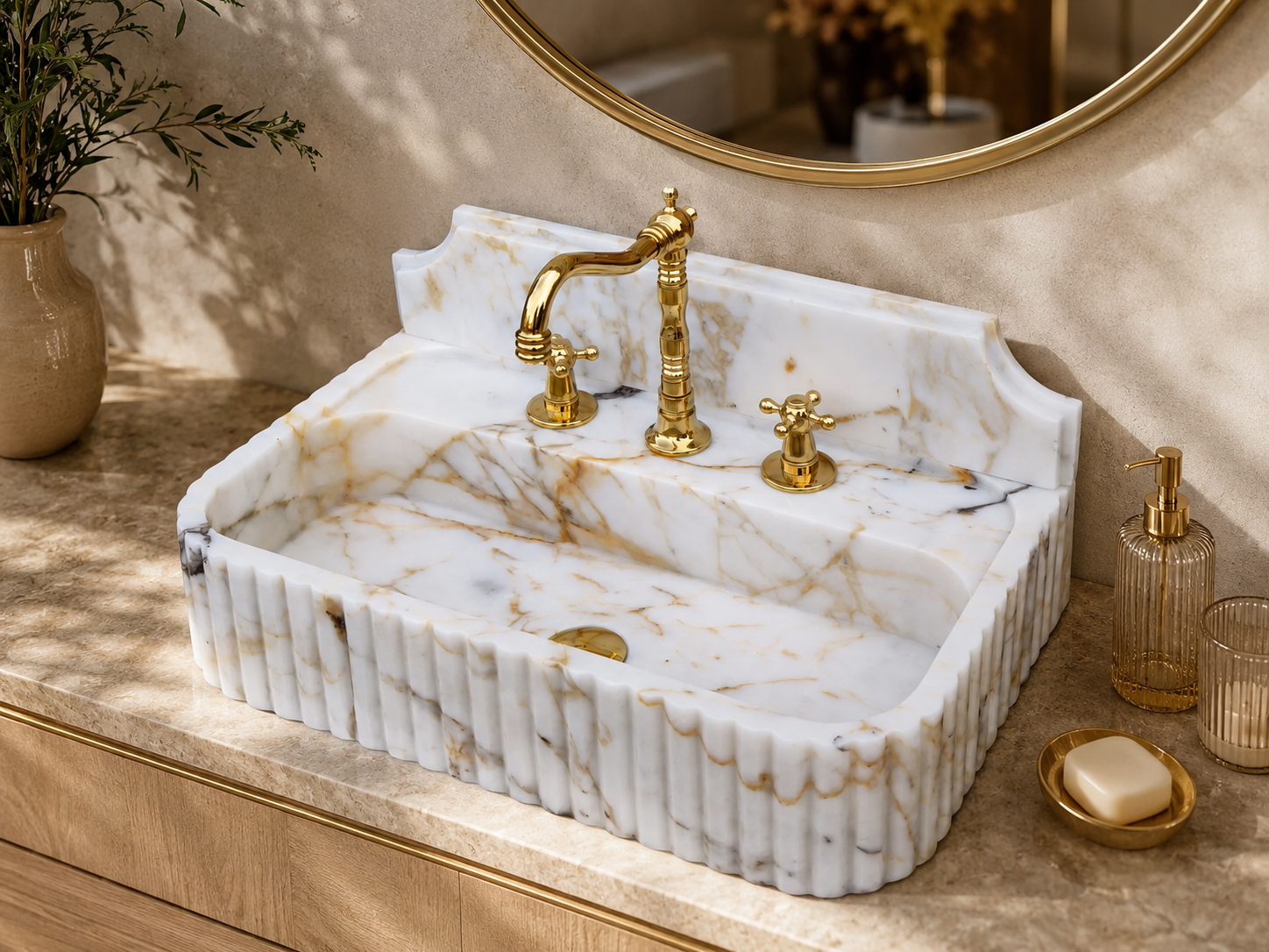 Calacatta Gold Wall-Mount Sink in natural marble — carved from a single block of natural stone, no two pieces alike