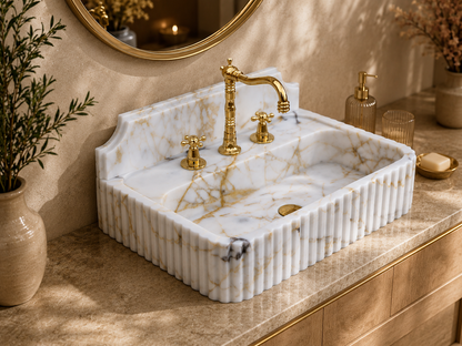 Calacatta Gold Wall-Mount Sink in natural marble — polished stone basin with natural veining, handmade in Turkey