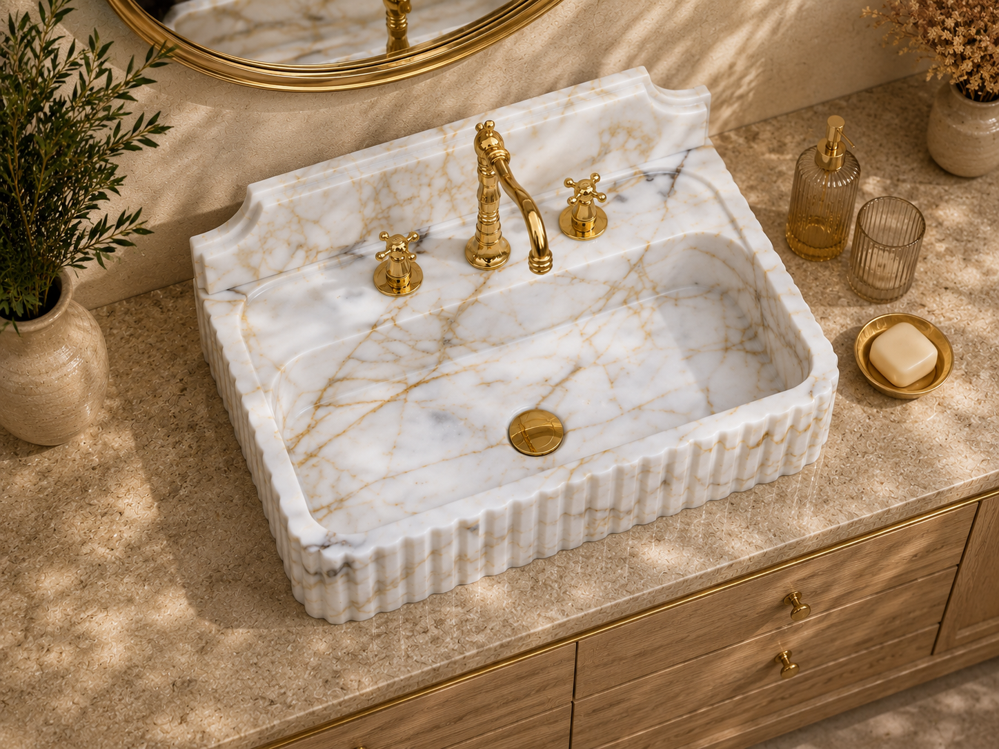 Calacatta Gold Wall-Mount Sink in natural marble — natural stone washbasin for a modern or transitional bathroom