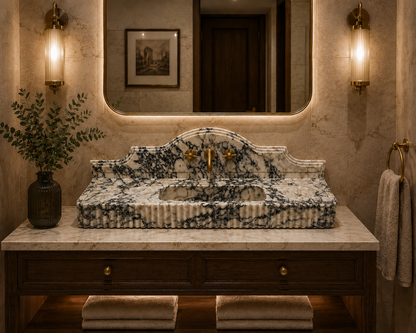 White Calacatta Viola Custom Vessel Sink in natural marble — carved from a single block of natural stone, no two pieces alike