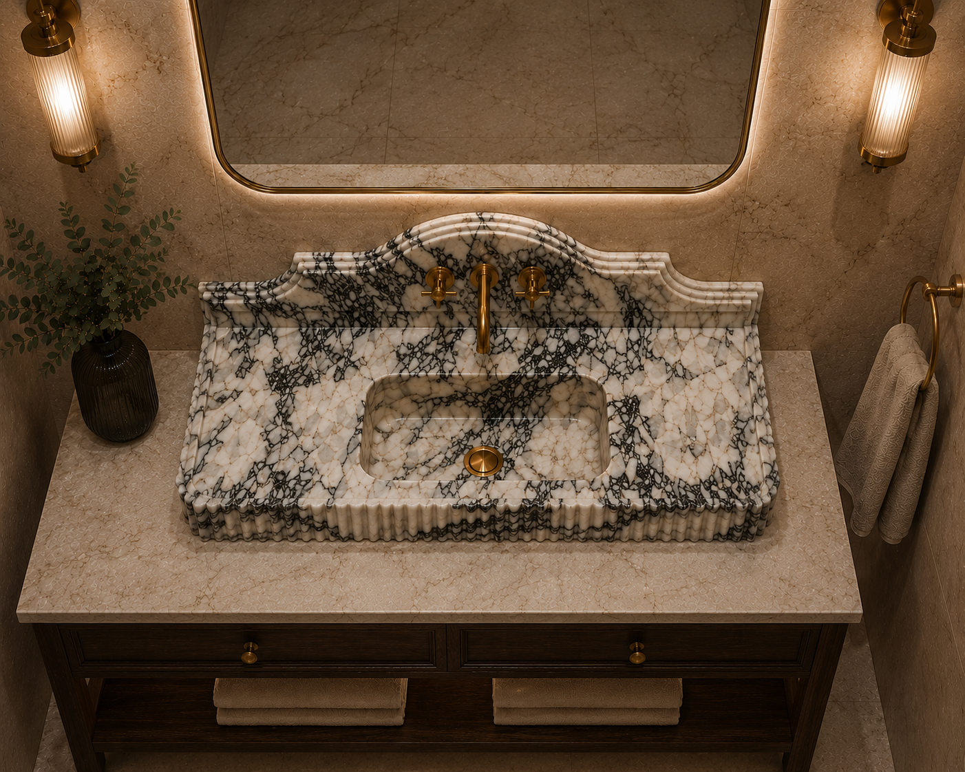 White Calacatta Viola Custom Vessel Sink in natural marble — polished stone basin with natural veining, handmade in Turkey