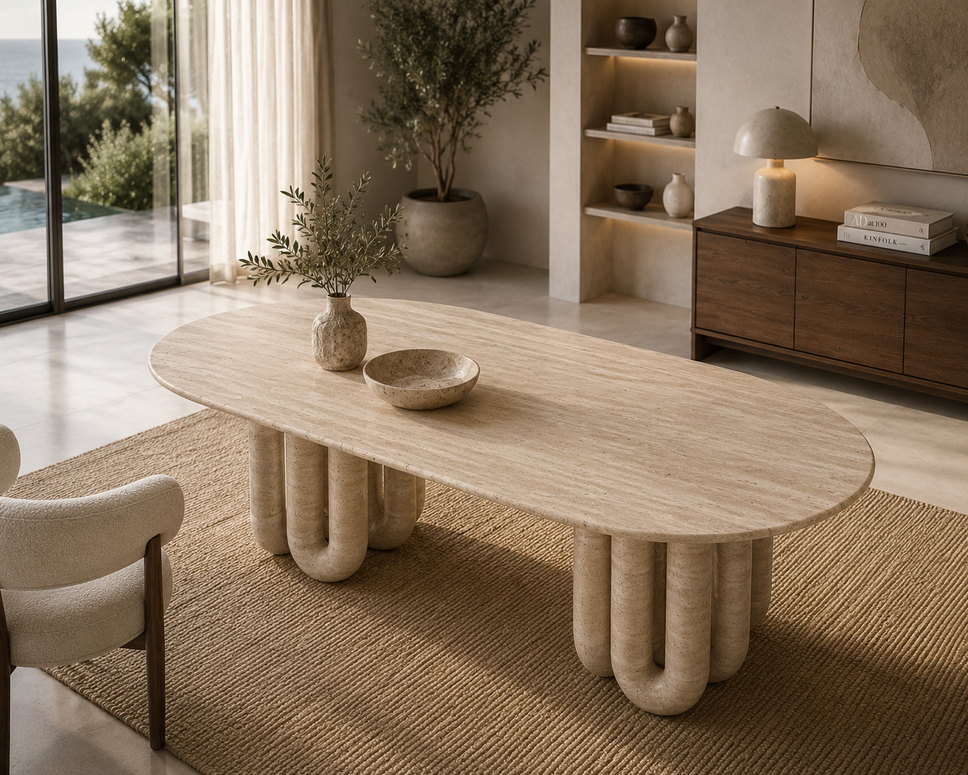 Carmel Travertine Dining Table styled in a luxury contemporary dining room with elegant natural stone details.