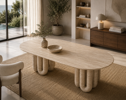 Carmel Travertine Dining Table styled in a luxury contemporary dining room with elegant natural stone details.