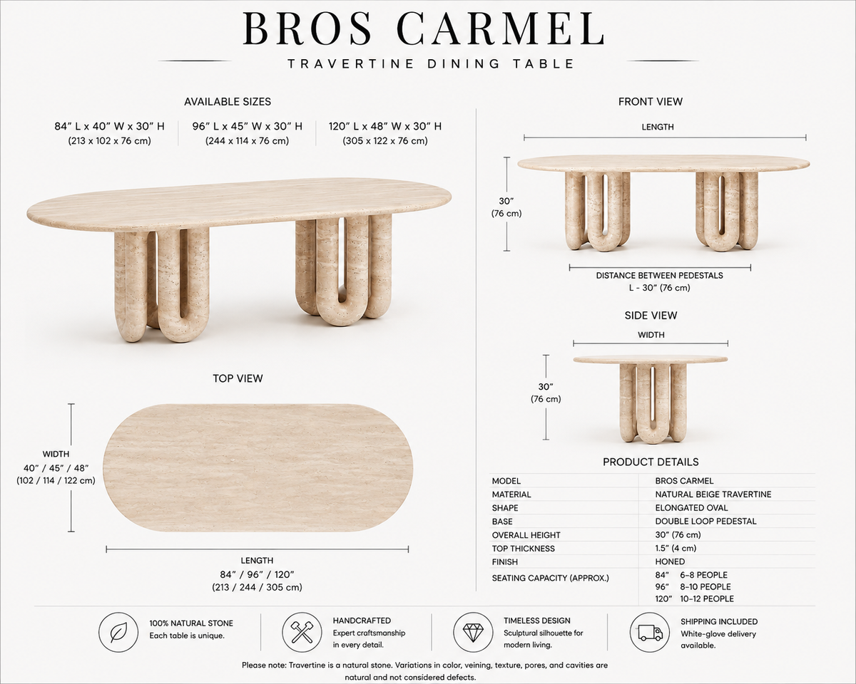 A product infographic for the Bros Carmel travertine dining table, showing multiple labeled views (front view, top view, side view) with dimensions, material details, and care icons on a white background.