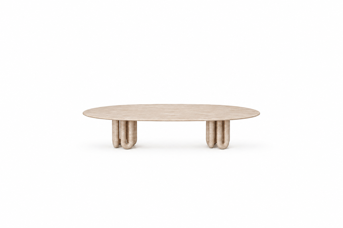 An oval wooden coffee table with a light natural wood finish and chunky cylindrical legs, shown against a plain white background.