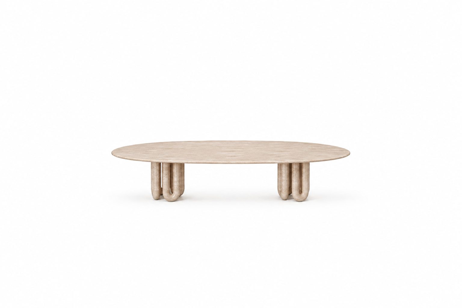 An oval wooden coffee table with a light natural wood finish and chunky cylindrical legs, shown against a plain white background.